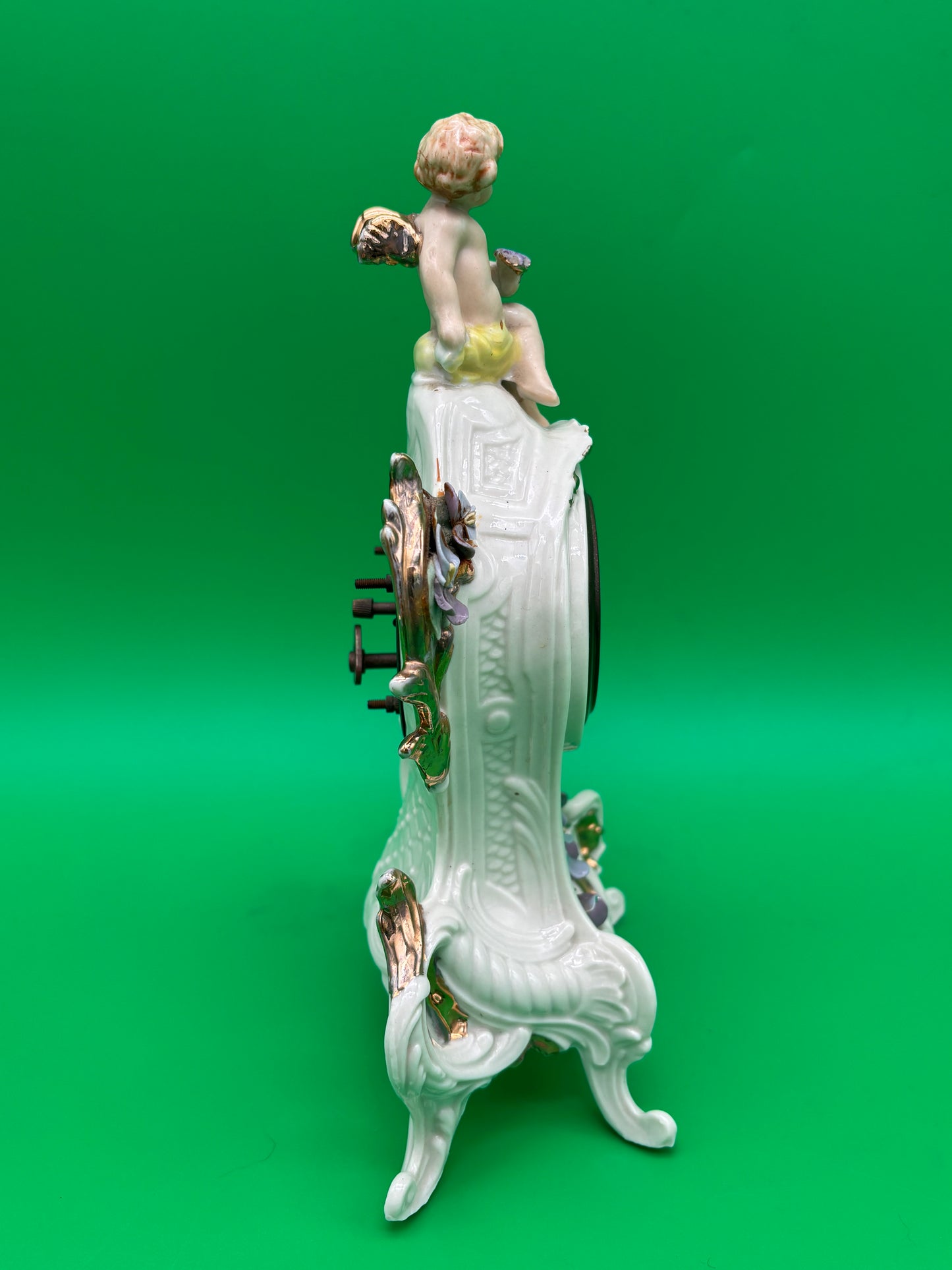 Vintage Louis Pierlot German Porcelain Mantel Clock w/ Cherub – 10” Wind Up