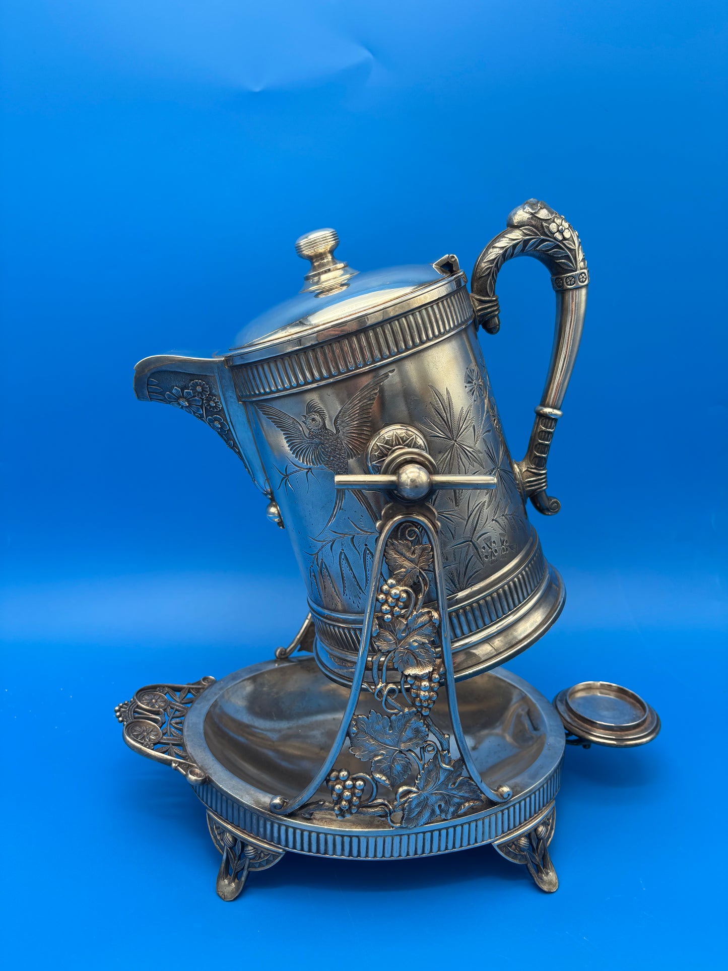 Antique Pairpoint Quadruple Plate Victorian Tilting Ice Water Pitcher & Stand Bird Grape 1826½