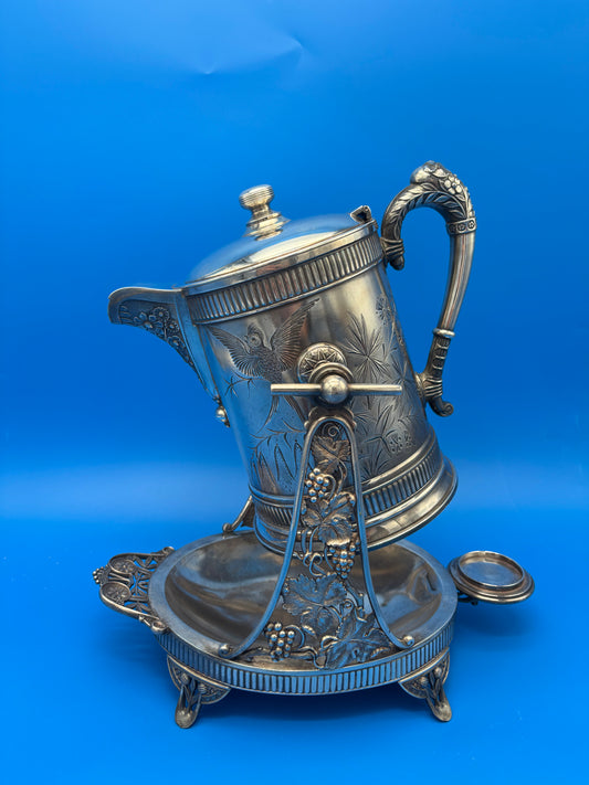 Antique Pairpoint Quadruple Plate Victorian Tilting Ice Water Pitcher & Stand Bird Grape 1826½