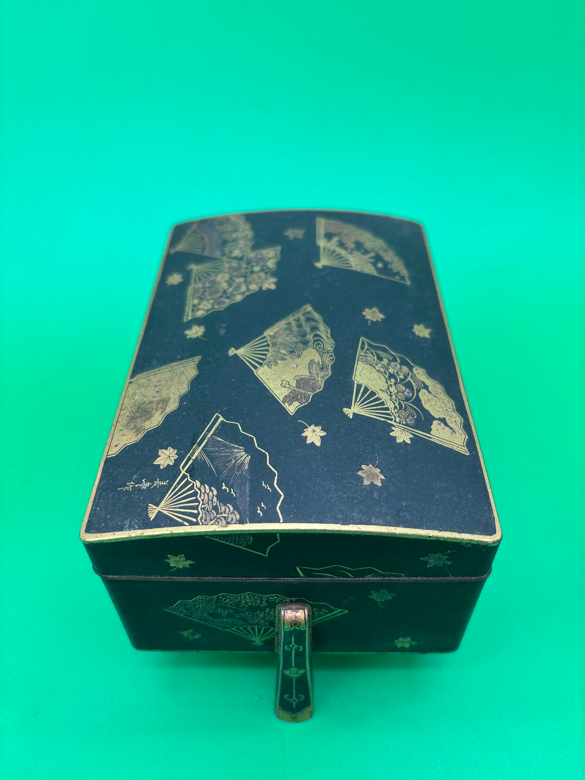Antique Japanese Fujii Damascene Footed Cigarette Box Mt Fuji Mark Gold Inlay c1930