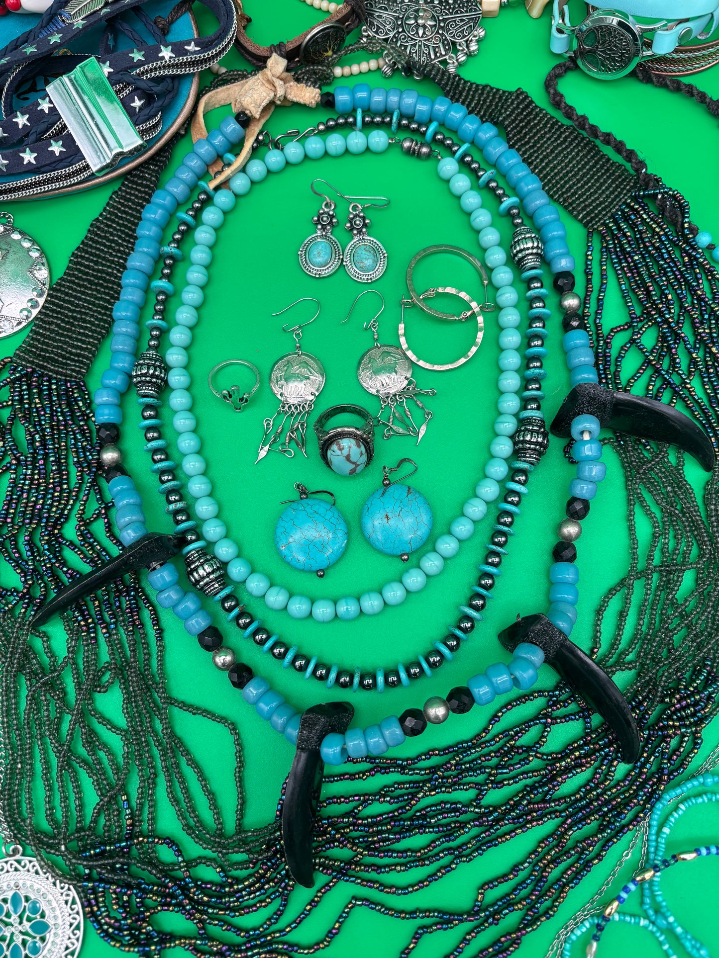 Large Boho Southwestern Jewelry Lot Turquoise Tribal Silver Tone Statement Necklaces Bracelets