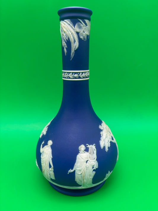 Antique Wedgwood Dark Blue Jasperware Barber Bottle Vase Classical Muses Relief England