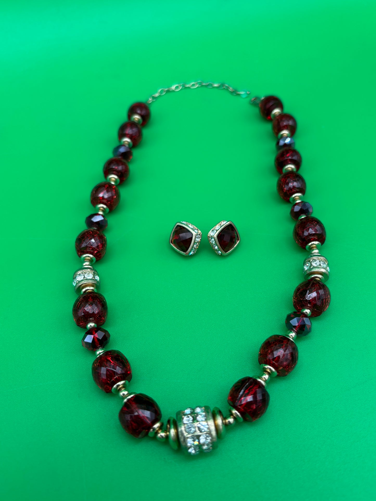 Vintage Signed Napier Deep Red Faceted Bead Necklace & Earring Set