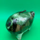 Antique Yellowware Piggy Bank Green Drip Glaze Hole Eyes Pottery Still Bank 6.5”