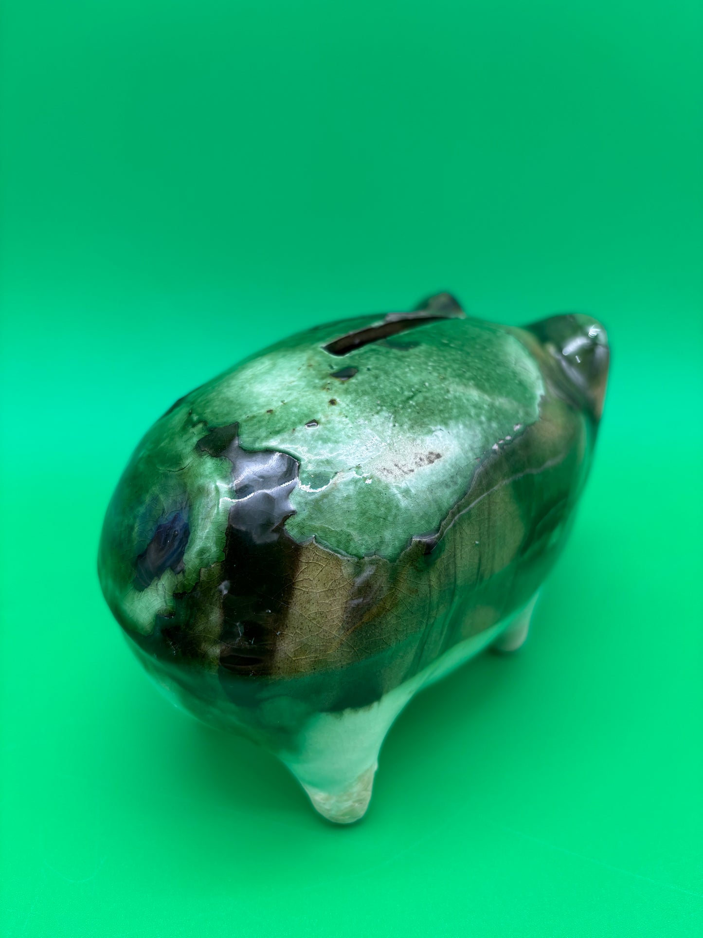 Antique Yellowware Piggy Bank Green Drip Glaze Hole Eyes Pottery Still Bank 6.5”