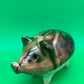 Antique Yellowware Piggy Bank Green Drip Glaze Hole Eyes Pottery Still Bank 6.5”
