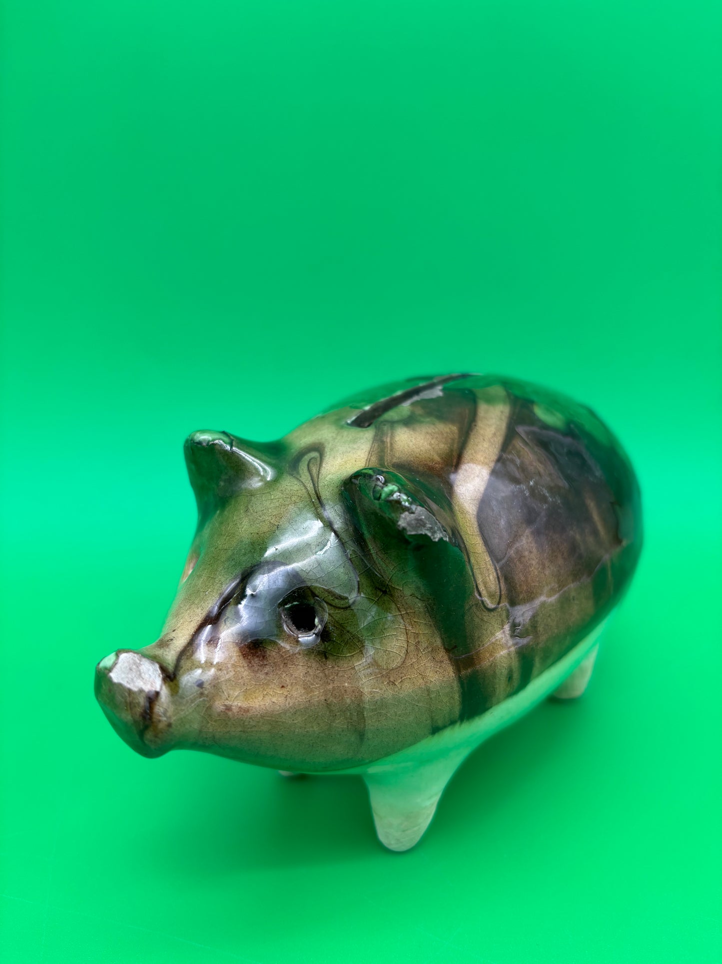 Antique Yellowware Piggy Bank Green Drip Glaze Hole Eyes Pottery Still Bank 6.5”