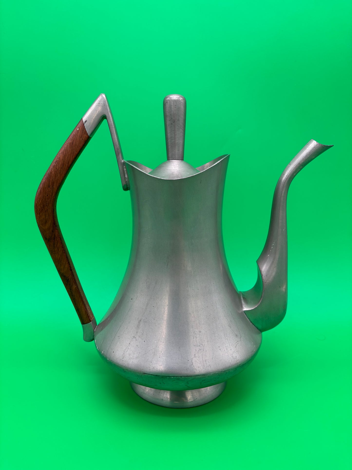 Vintage MCM Pewter Coffee Pot Wood Handle Danish Modern Style 1960s Wasundja