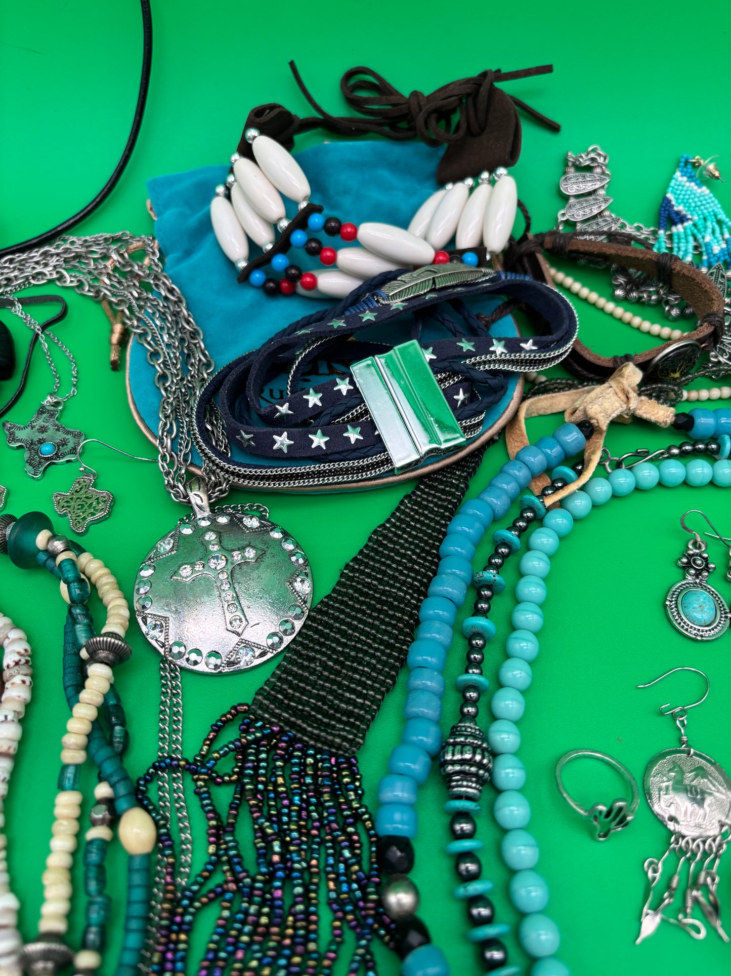 Large Boho Southwestern Jewelry Lot Turquoise Tribal Silver Tone Statement Necklaces Bracelets