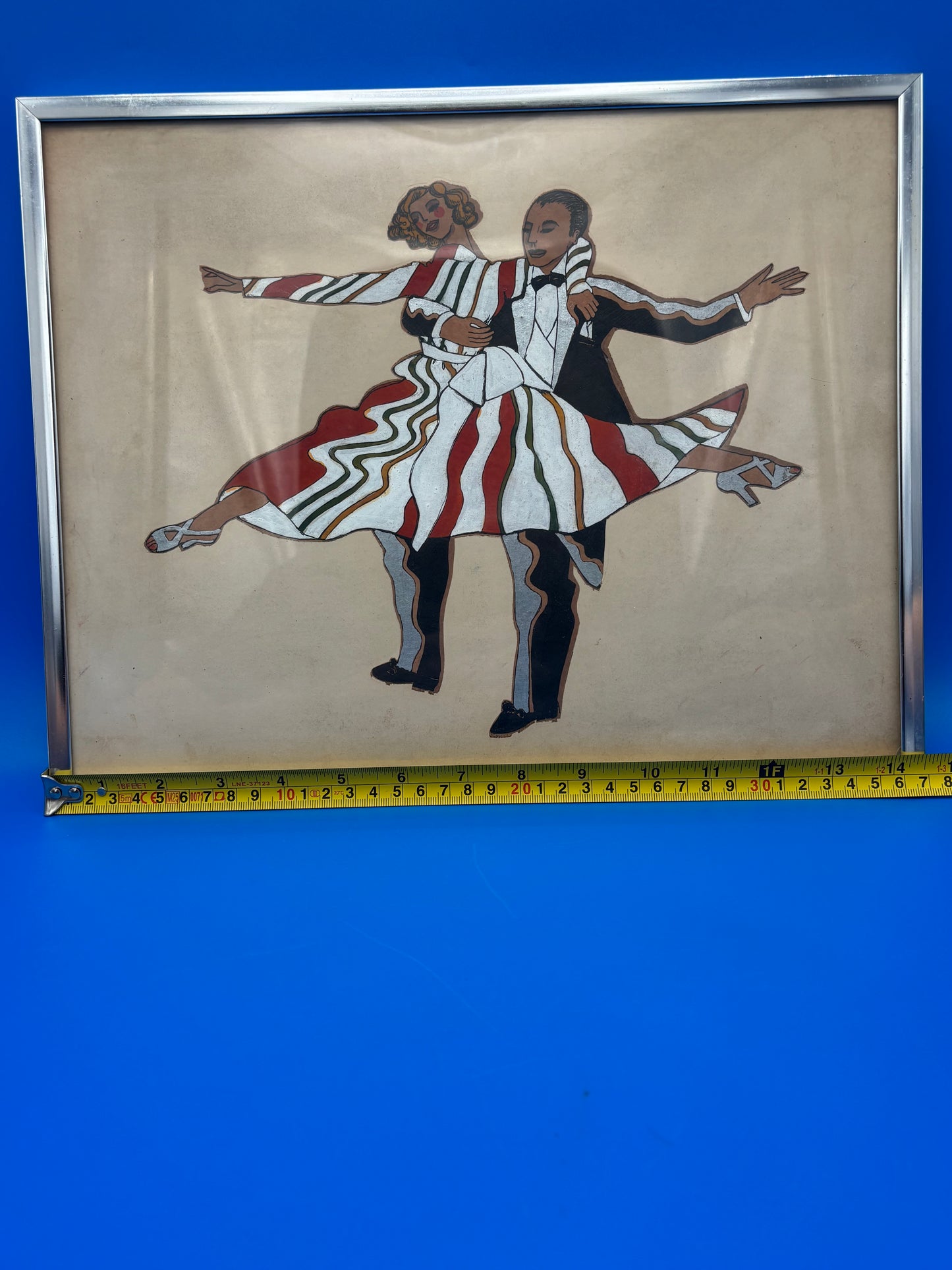 Vintage Mid Century Dancing Couple Art Reverse Painted Glass Art Deco Chrome Frame