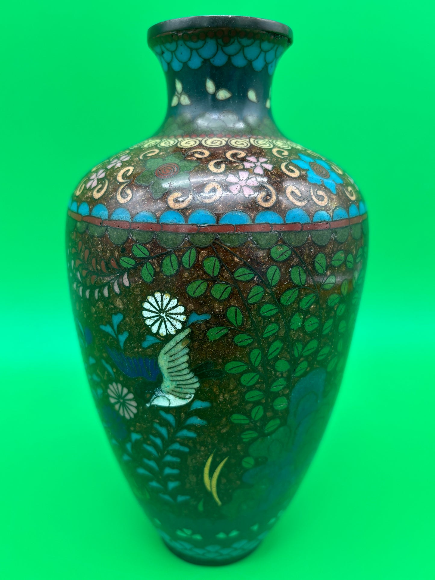 Antique Meiji Japanese Goldstone Cloisonne Butterfly Floral Vase 7 1/4”