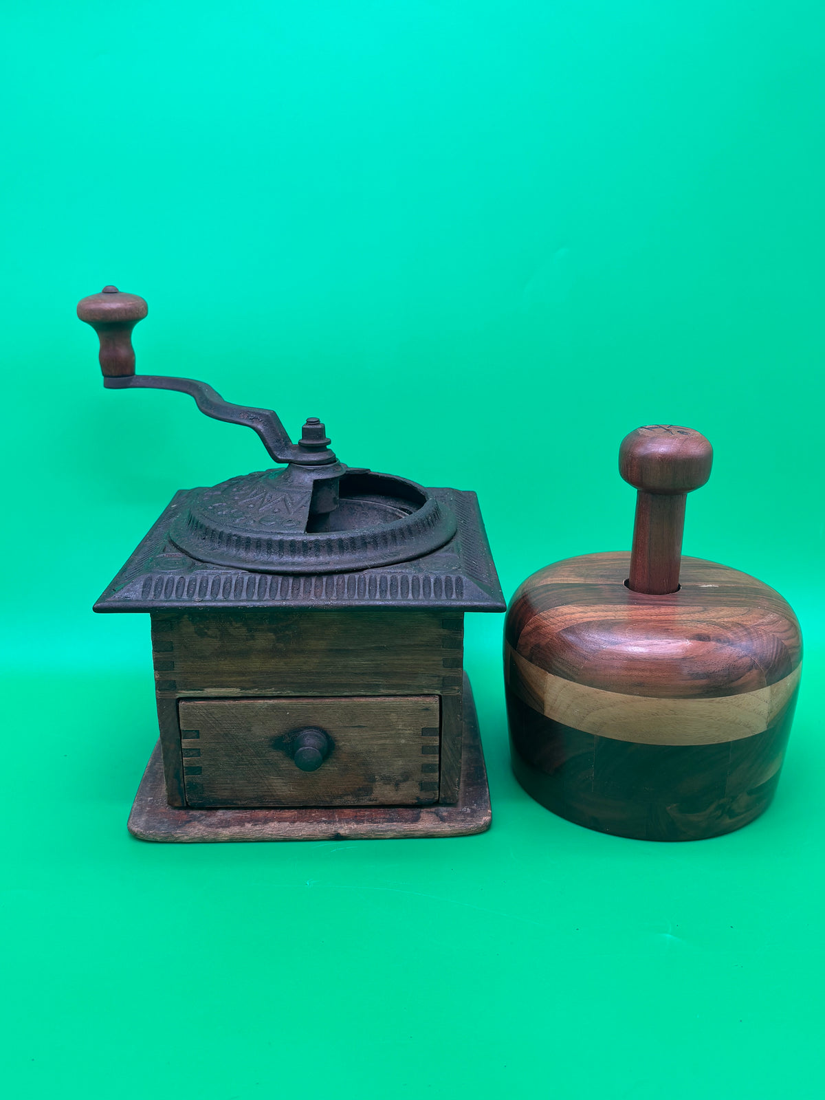 Antique Peugeot Freres Coffee Grinder & Vintage Turned Wood Lidded Container Lot