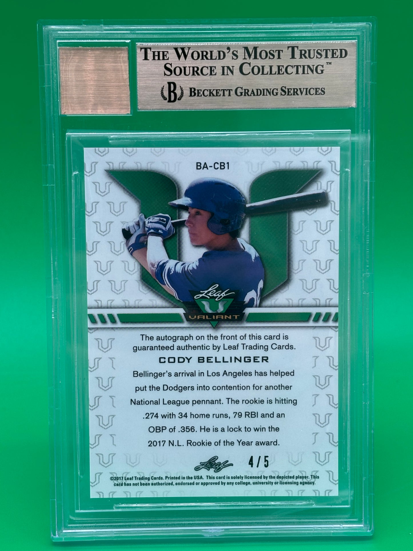 2017 Leaf Valiant Black Cody Bellinger Auto /5 BGS 10 Pristine Auto 10 #BA-CB1