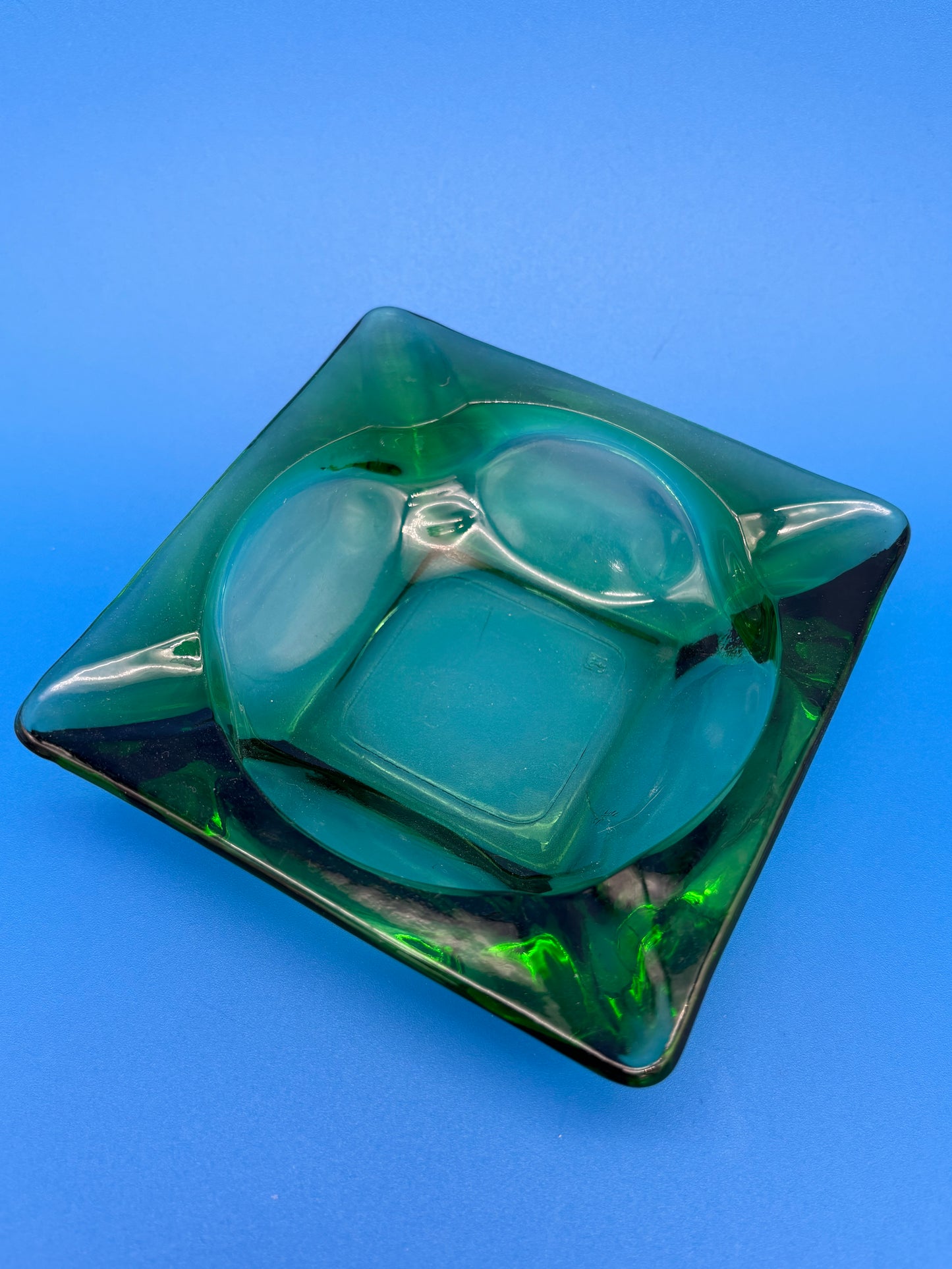 Vintage MCM Emerald Green Square Glass 4 Slot Ashtray