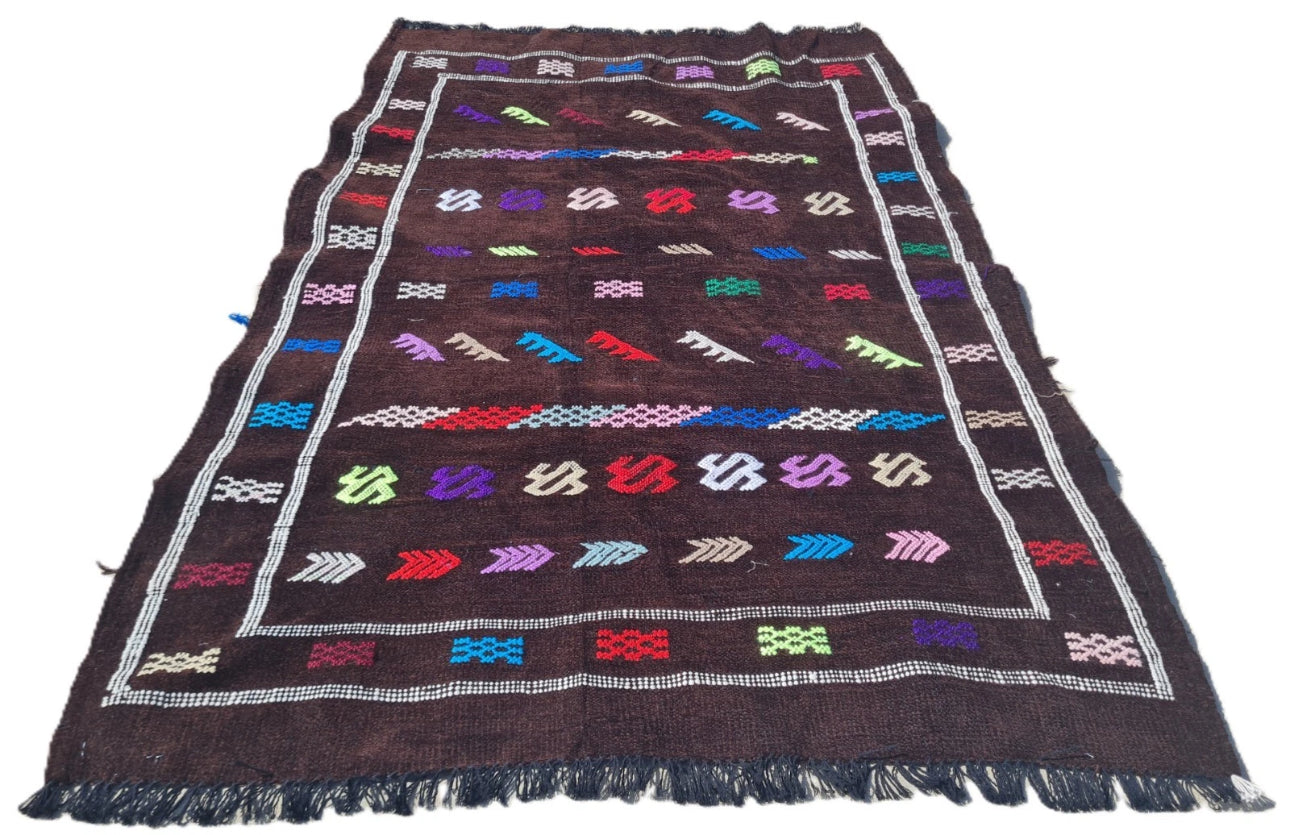 Rare Hand Knotted Vintage Morocco Sumouk Kilim Kilm Wool Area Rug 4.6 x 3.2 Ft