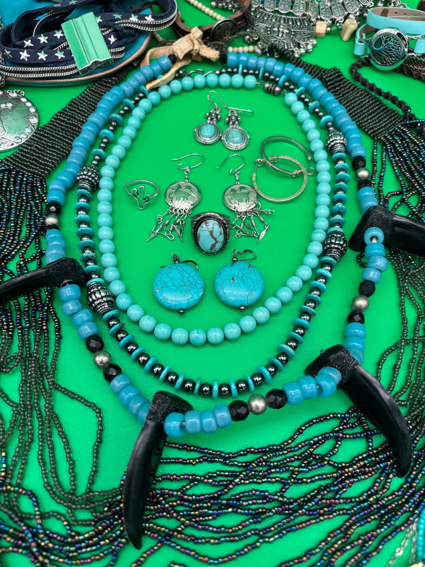 Large Boho Southwestern Jewelry Lot Turquoise Tribal Silver Tone Statement Necklaces Bracelets