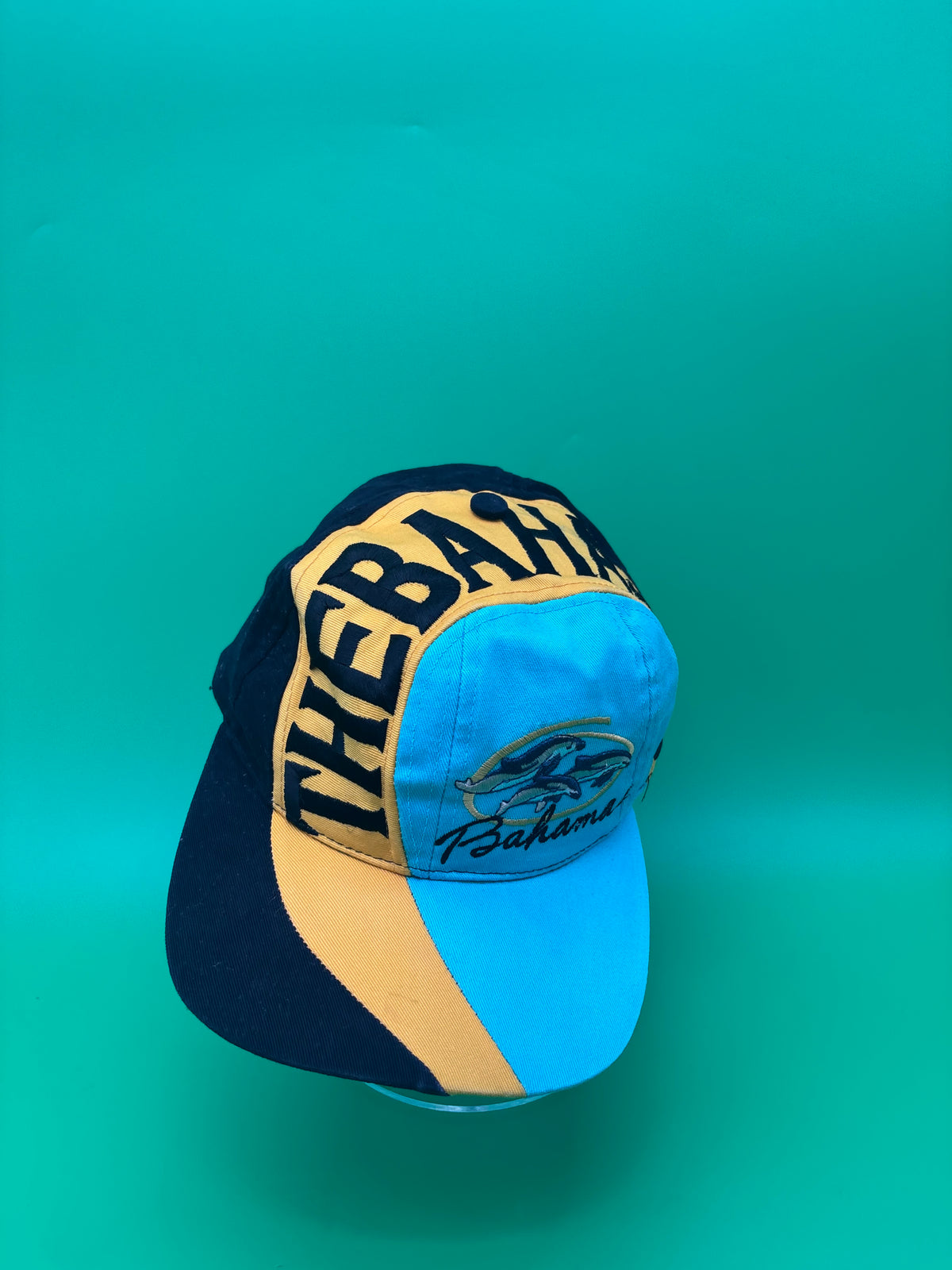 Vintage Bahamas Dolphin Hat Cap Teal Yellow Black Embroidered Spellout 100% Cotton
