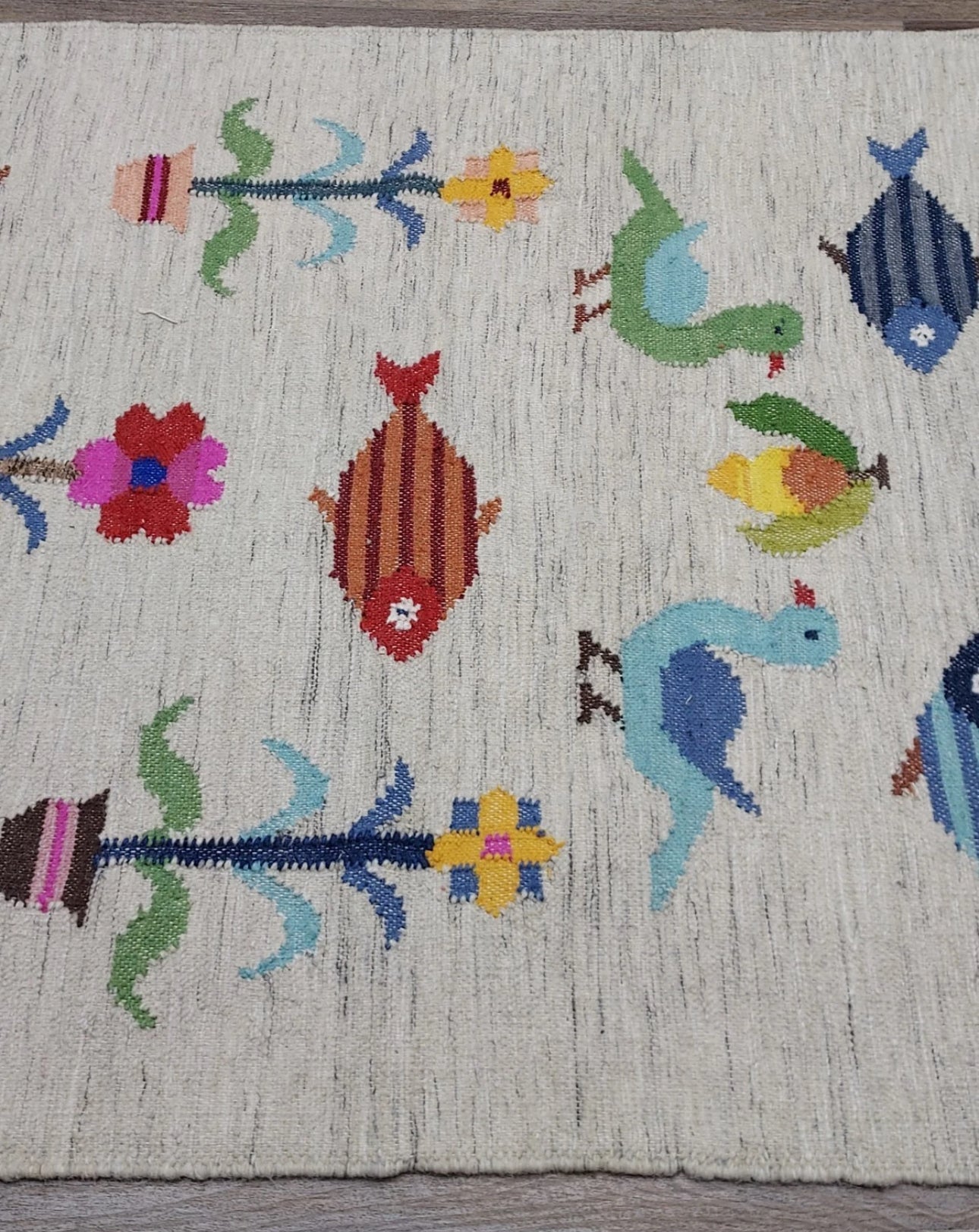 Vintage Turkish Bohemian Rug Tree of Life Fish Design Handmade 4x6 Ft Flatweave Kilim