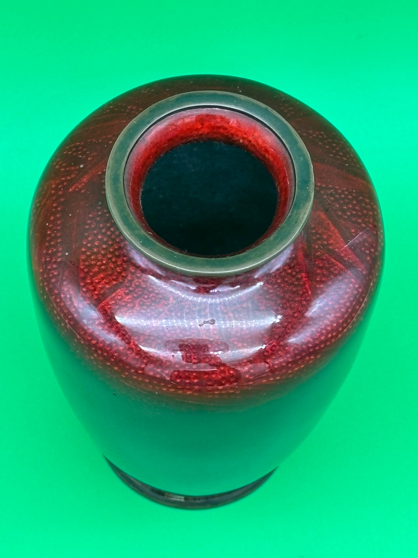Signed Ando Japanese Pigeon Blood Red Ginbari Cloisonne Bird Bamboo Vase 5.75”