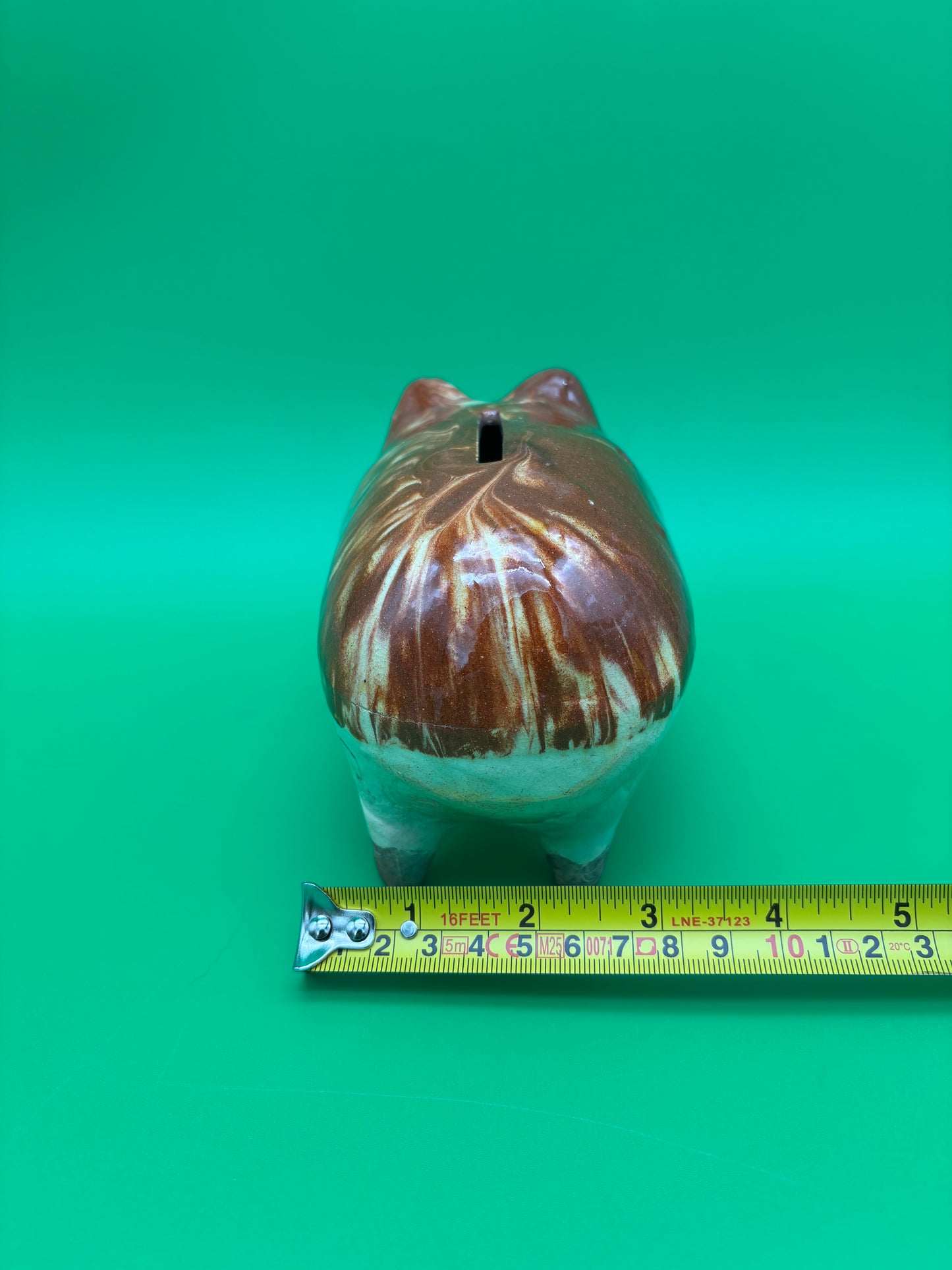 Antique Vintage Yellowware Piggy Bank Stoneware Mocha Drip Glaze Hole Eyes
