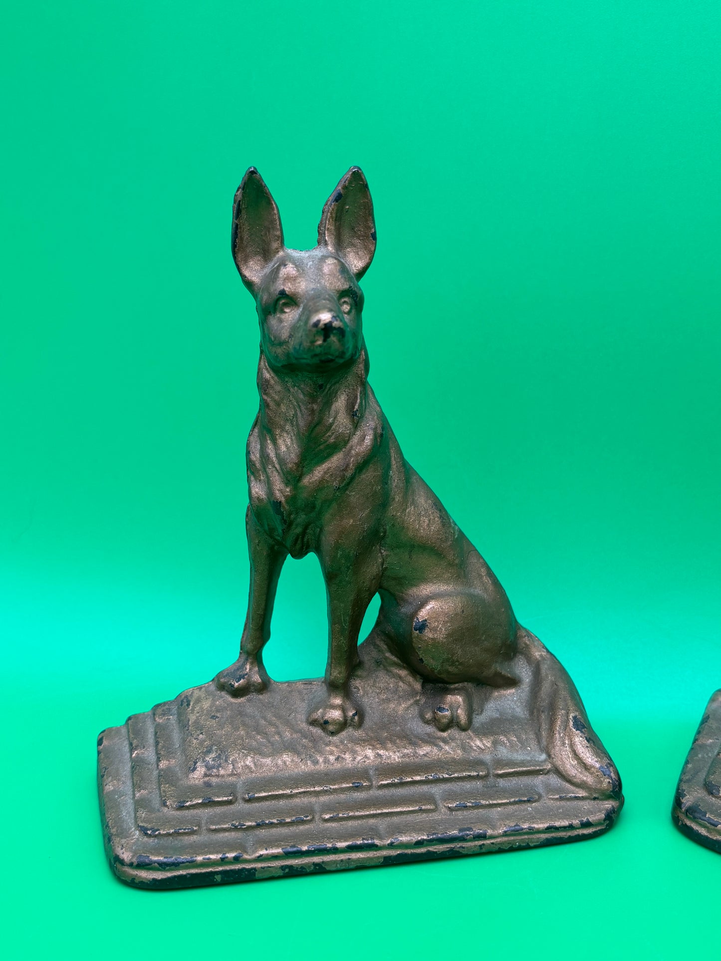 Vintage Art Deco German Shepherd Dog Bookends Pair Cast Iron Bronze Finish Heavy 6”