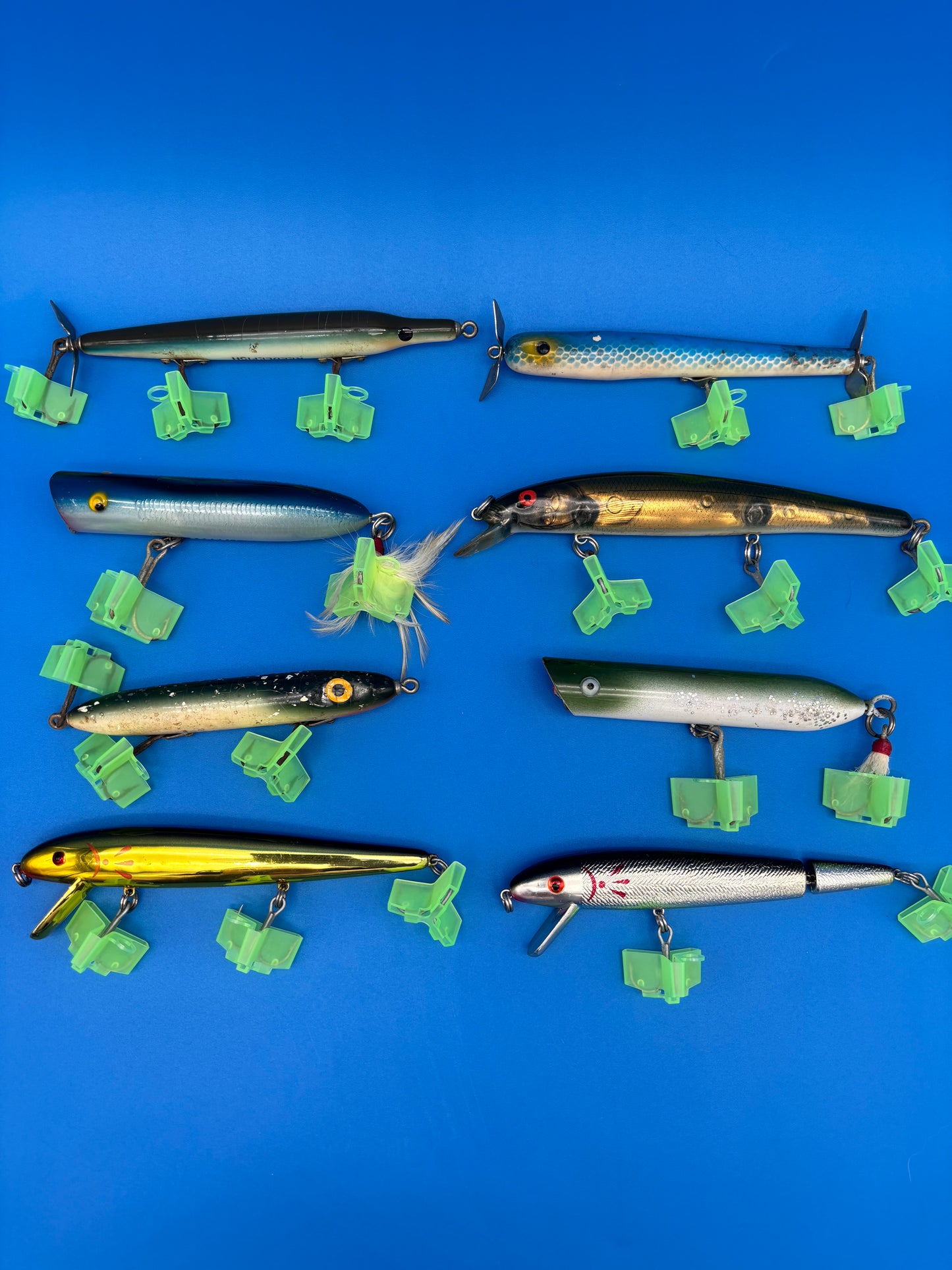 Lot of 8 Vintage Wooden Saltwater Fishing Lures Needlefish Poppers Swimmers Surf Plug Collection