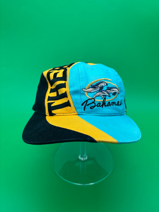 Vintage Bahamas Dolphin Hat Cap Teal Yellow Black Embroidered Spellout 100% Cotton