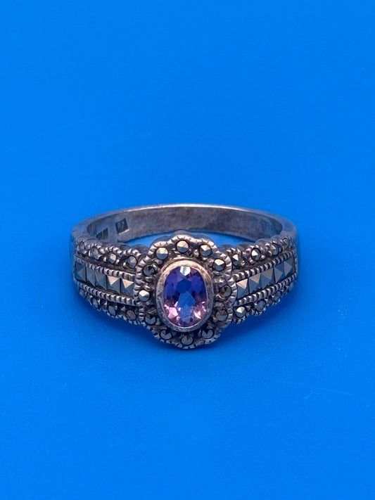 Vintage 925 Sterling Silver Amethyst & Marcasite Ring Size 9 Ornate Statement Ring