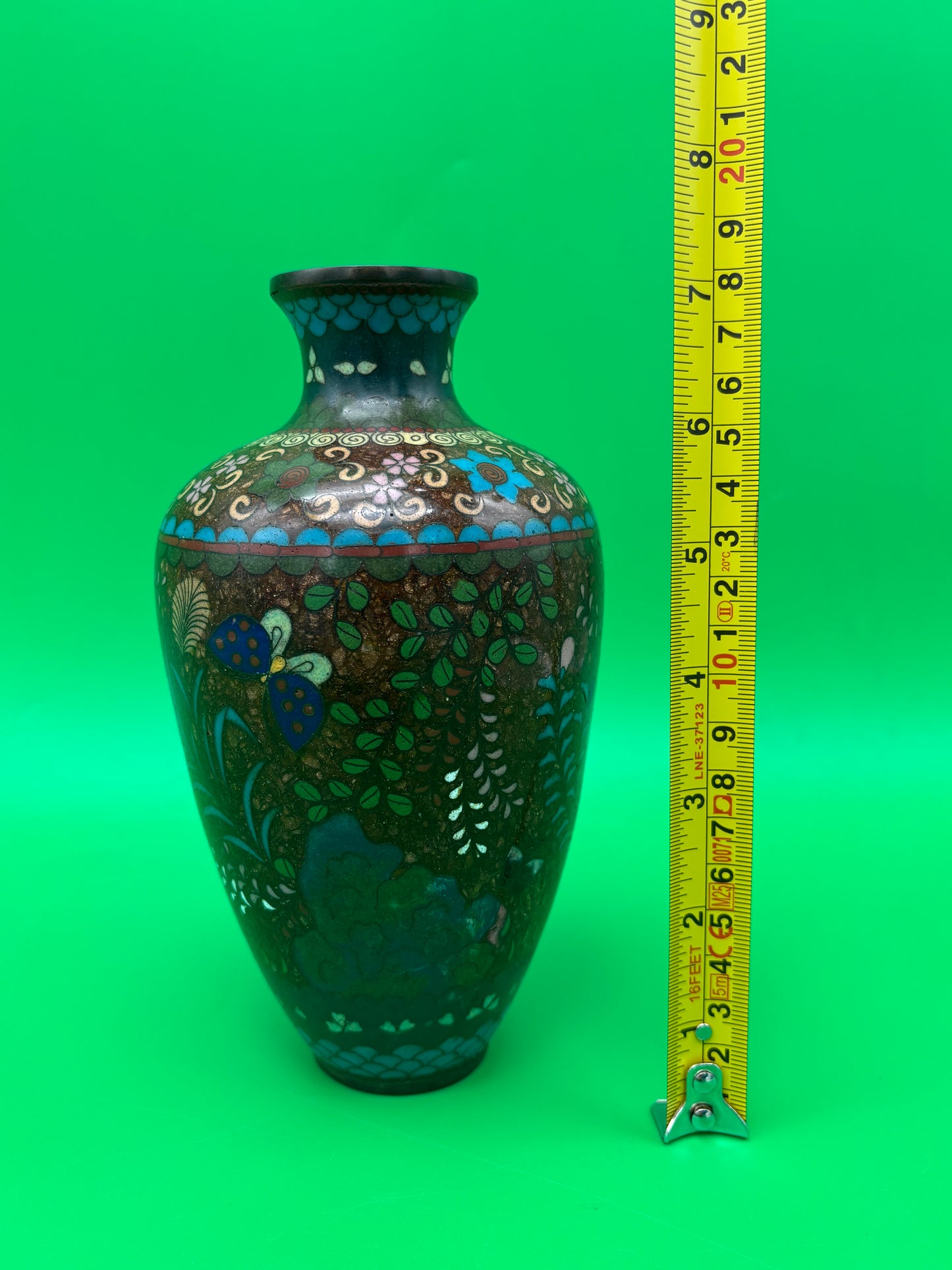 Antique Meiji Japanese Goldstone Cloisonne Butterfly Floral Vase 7 1/4”
