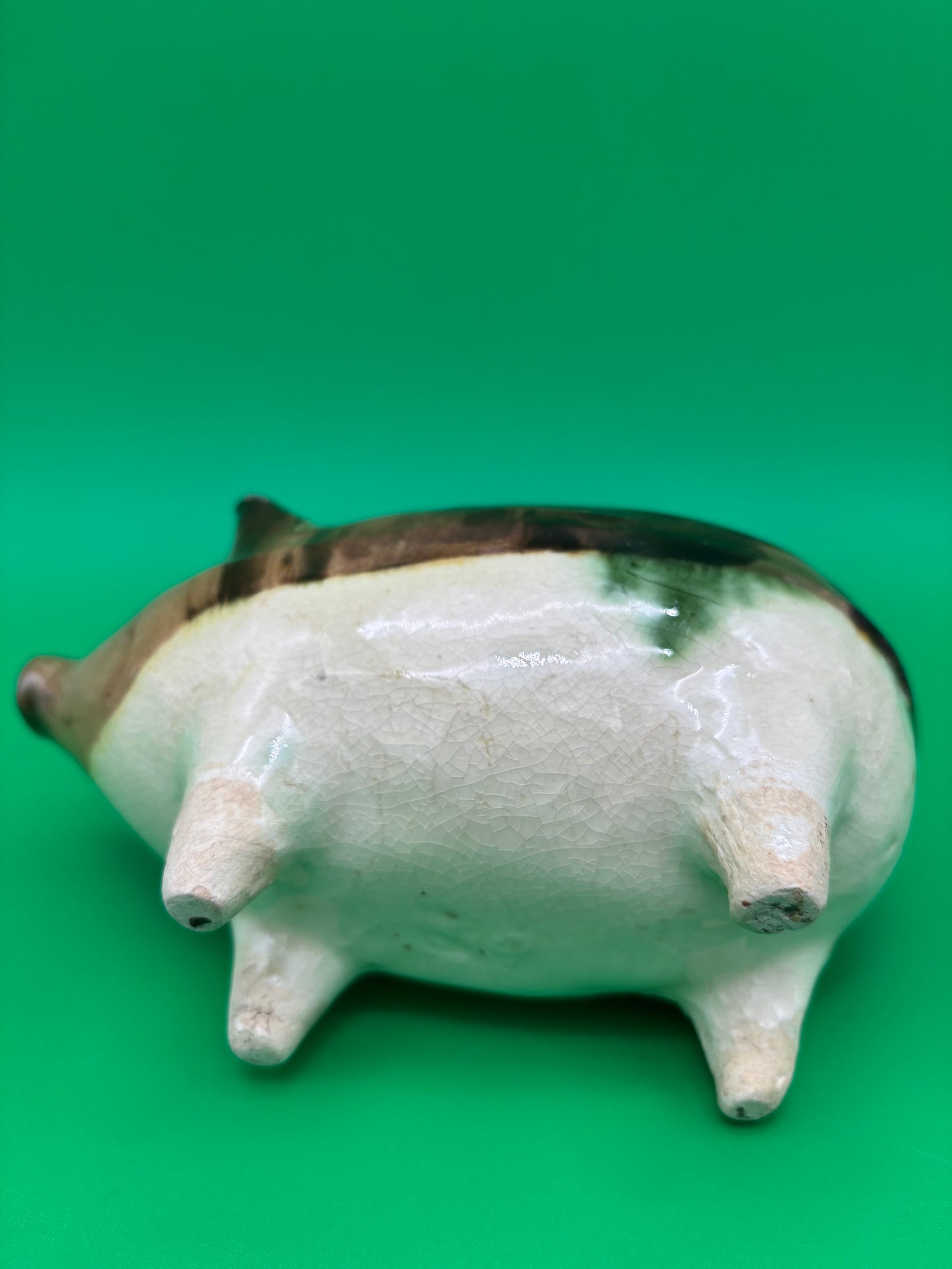 Antique Yellowware Piggy Bank Green Drip Glaze Hole Eyes Pottery Still Bank 6.5”