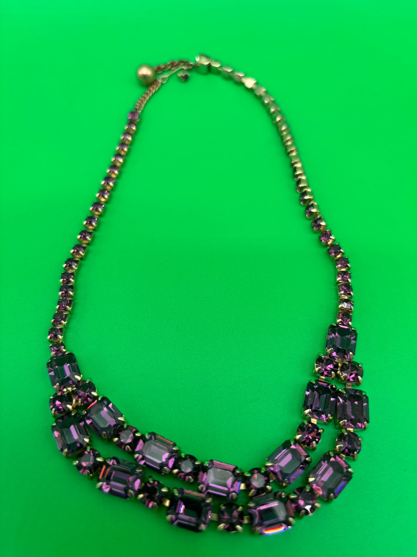 Vintage Purple Amethyst Rhinestone Crystal Costume Jewelry Necklace Art Deco Style 17.5”