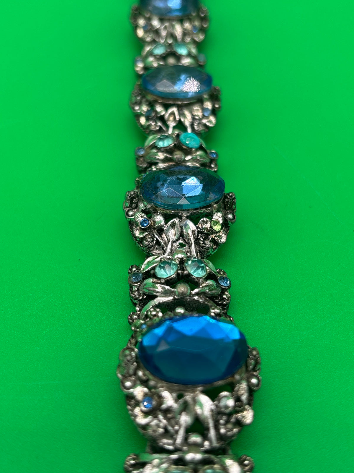 Vintage Unsigned Selro / Selini Style Blue Glass Rhinestone Statement Bracelet