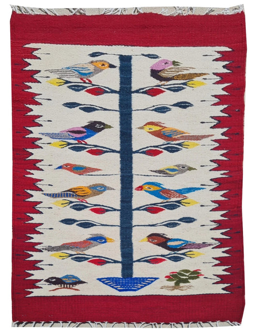 Vintage Hand Knotted Kilim Wool Area Rug Red Bird Tree Design Tribal Folk Art Rug 3.2’ x 1.1’
