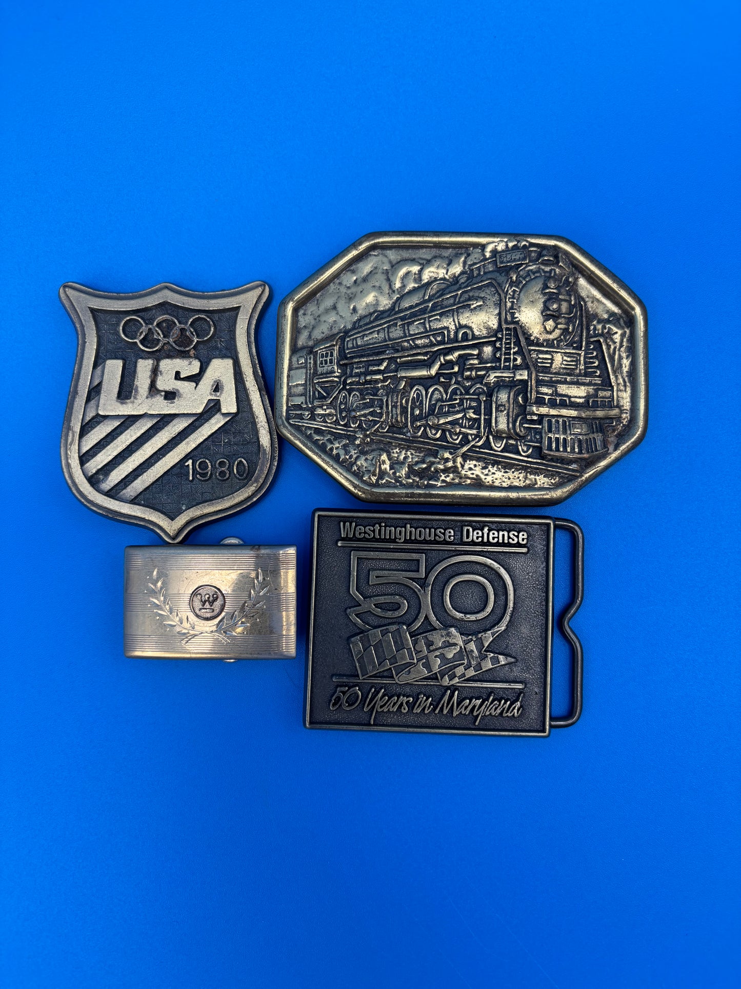 Vintage Belt Buckle & Money Clip Lot Avon Train USA Olympics Westinghouse 4 Pc