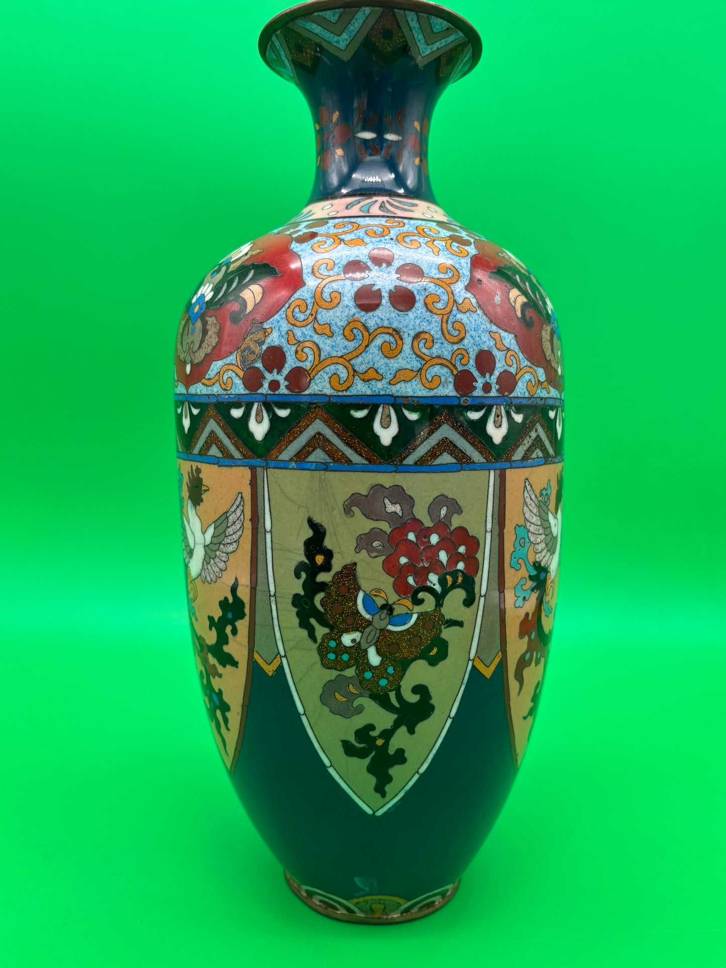 Large Antique Meiji Japanese Cloisonne Dragon Ho-o Phoenix Shield Vase 11.75”