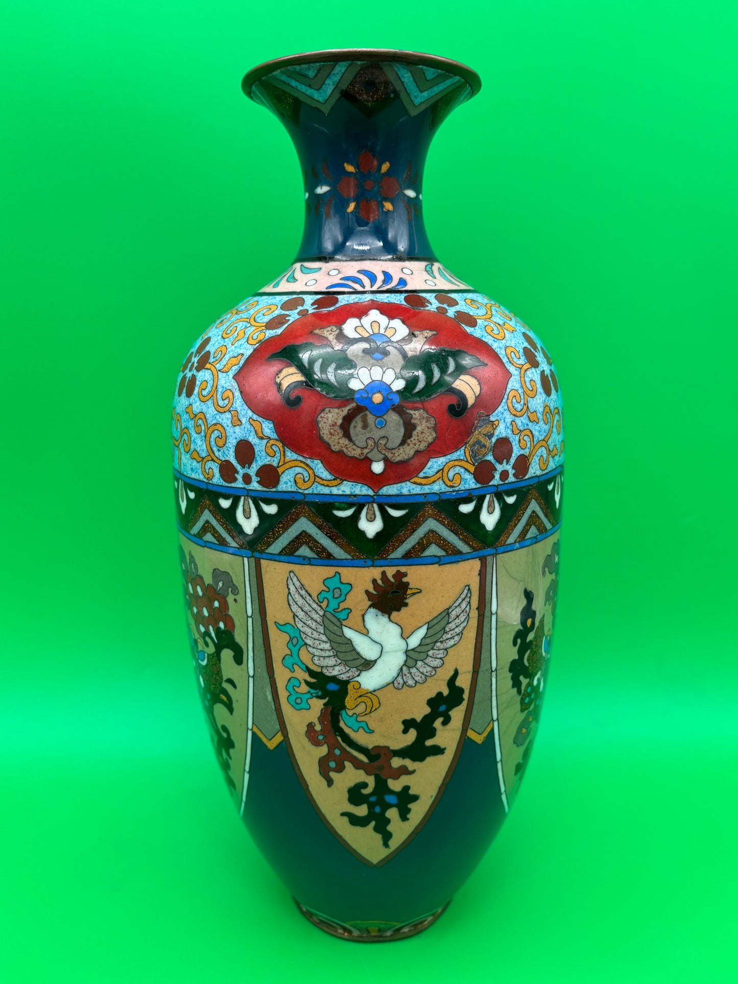 Large Antique Meiji Japanese Cloisonne Dragon Ho-o Phoenix Shield Vase 11.75”