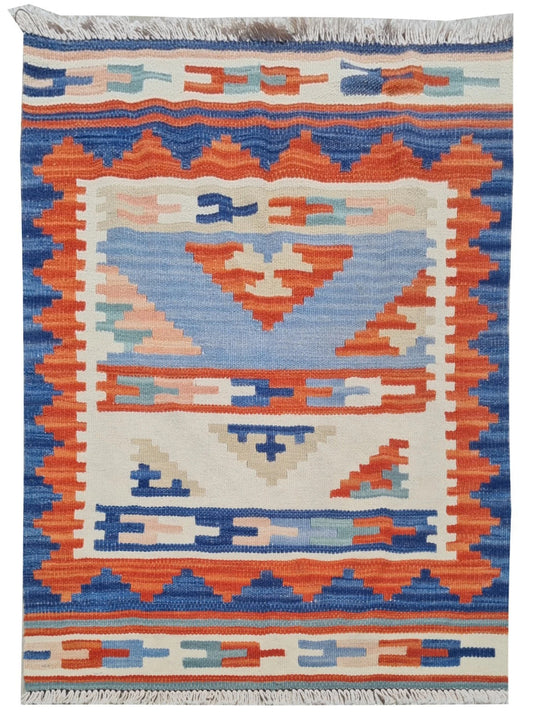 Vintage Hand Knotted Shiraz Kilim Wool Area Rug 2.9 x 2.1 Ft Blue Orange Persian Style