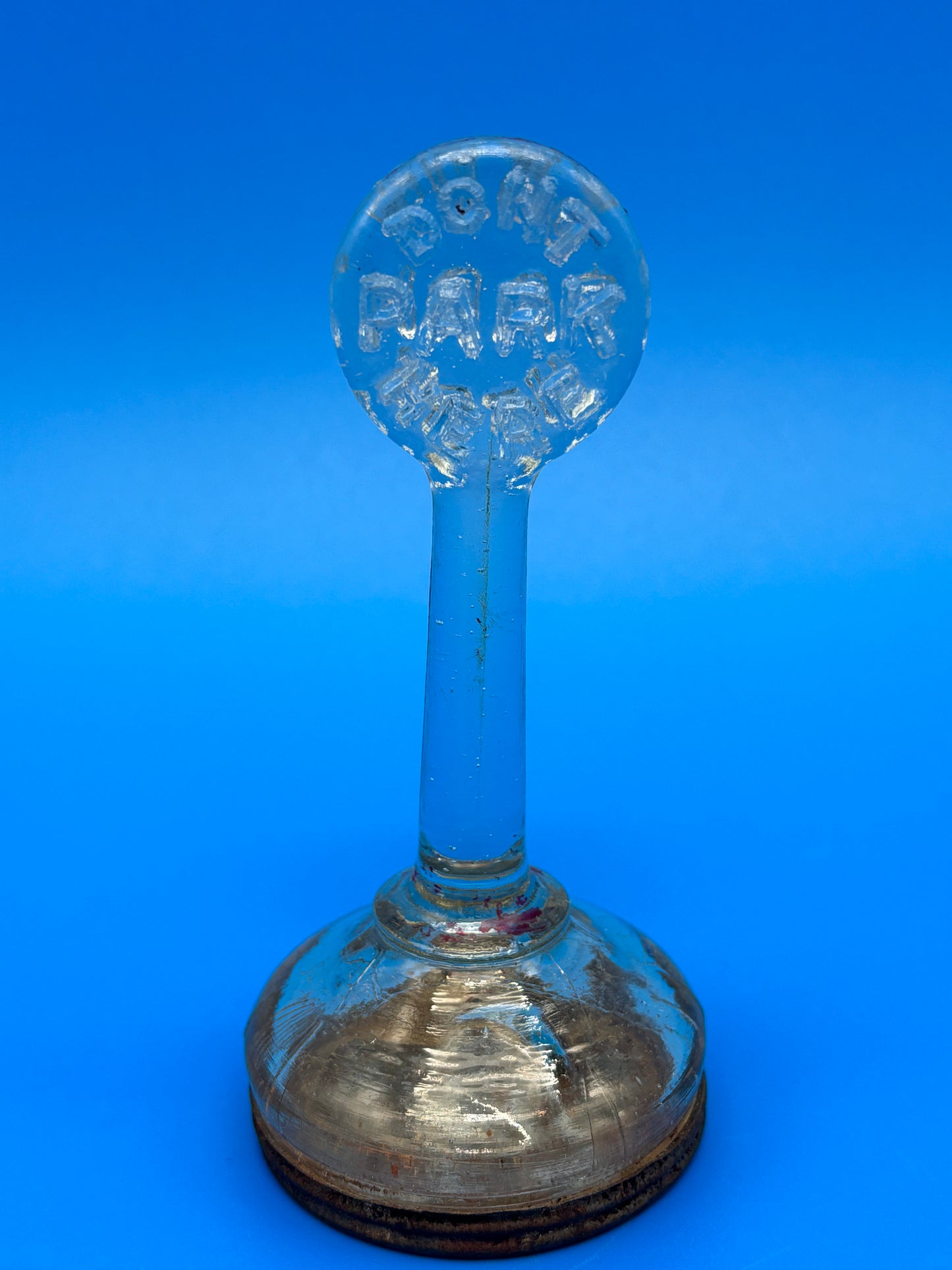 Antique 1920s DON’T PARK HERE Glass Candy Jar Container Metal Lid USA Novelty Advertising