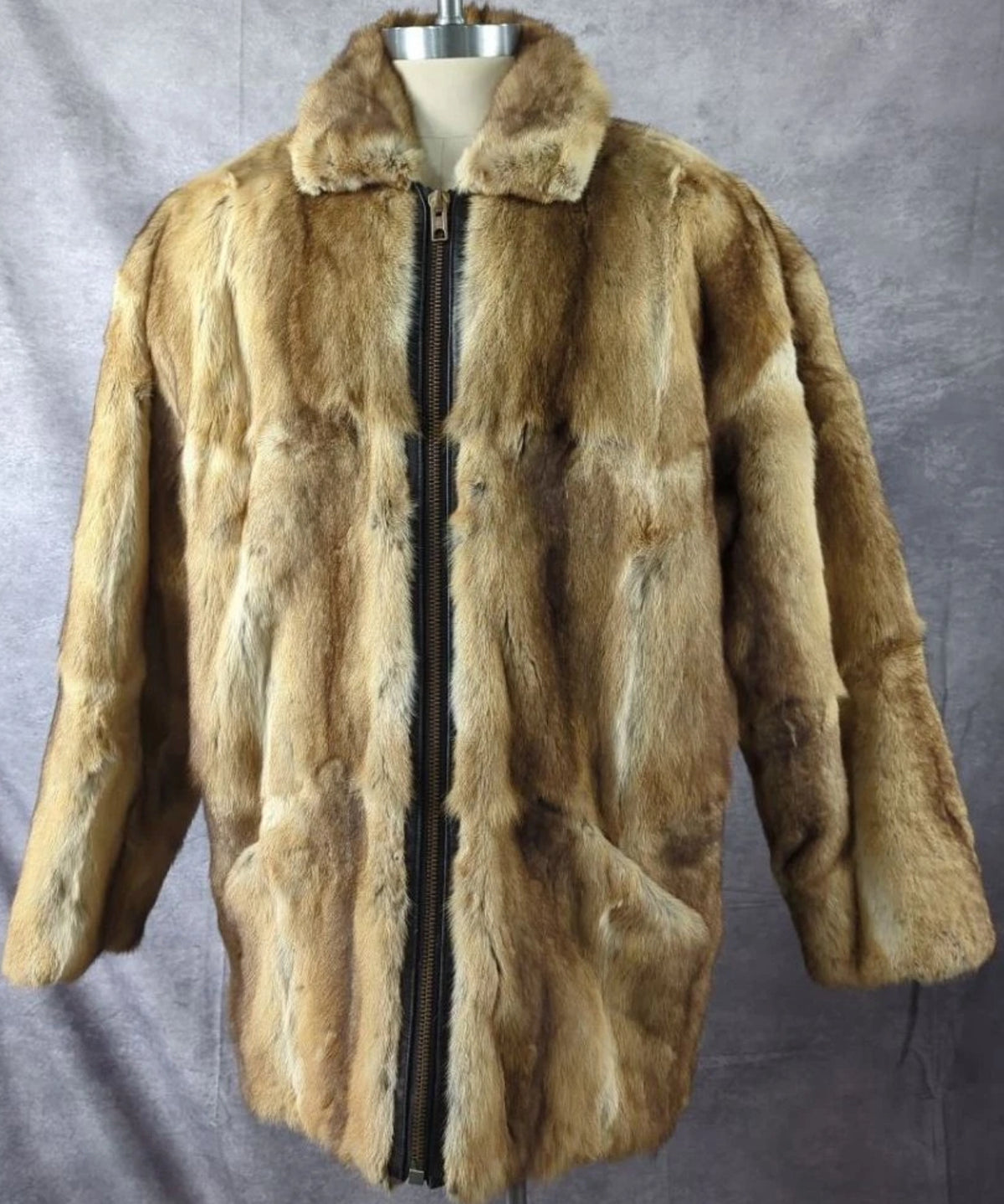 Vintage Kent Fisher Men’s Genuine Real Fur Coat XL Golden Tan Full Zip 34”