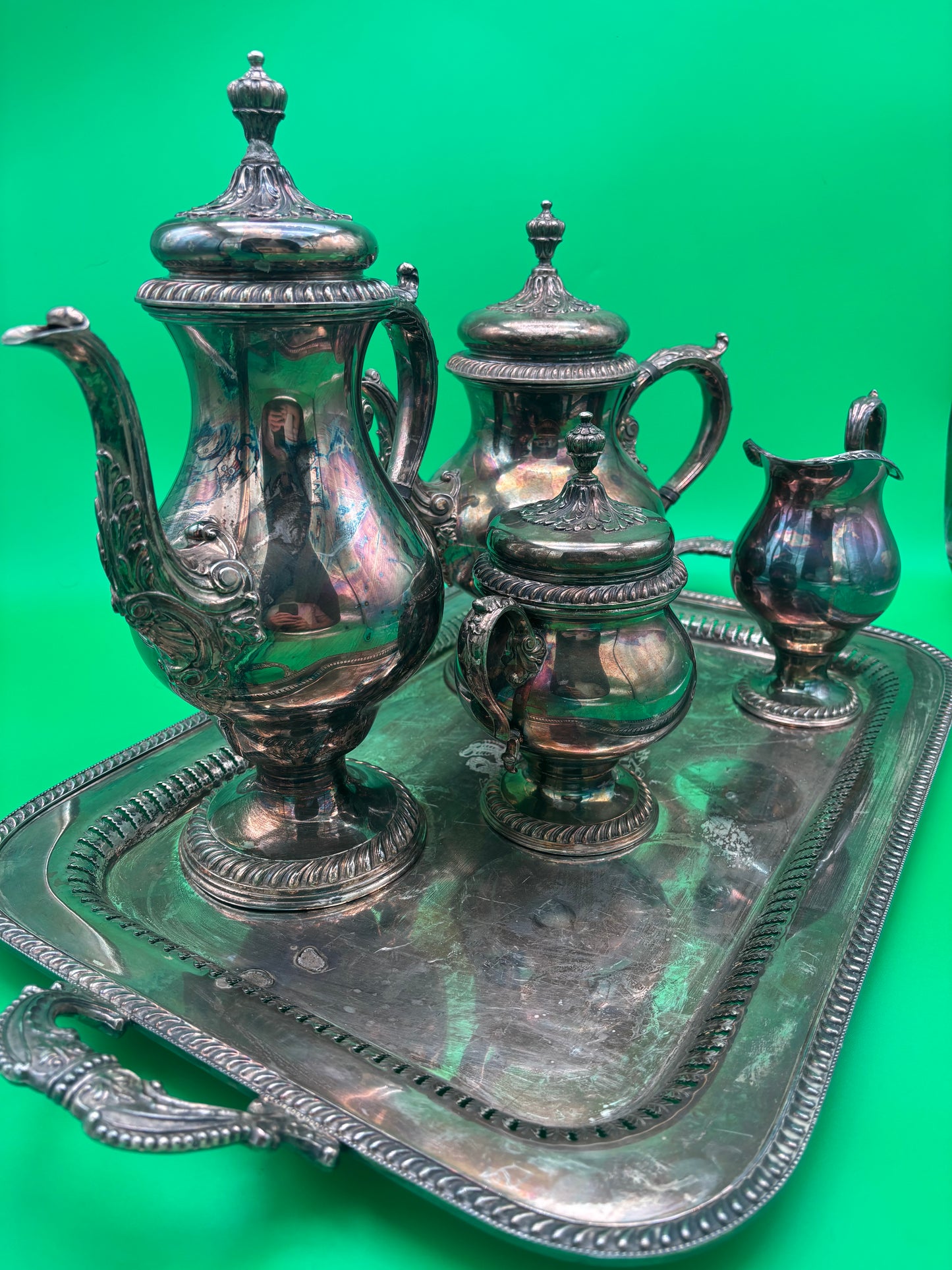 Vintage Silver Plate Tea & Coffee Set w/ Tray International Silver St James