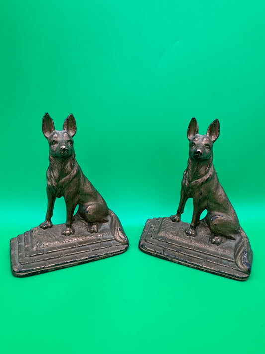 Vintage Art Deco German Shepherd Dog Bookends Pair Cast Iron Bronze Finish Heavy 6”