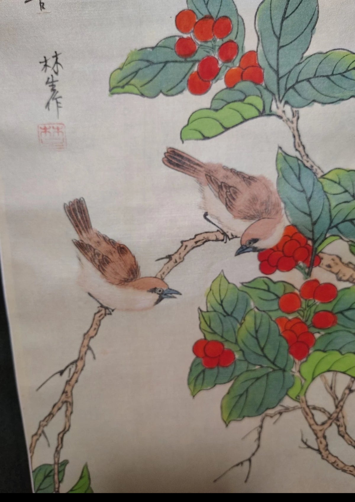 Vintage Chinese Lin Sheng Signed Silk Scroll Paintings Pair Birds Fruit 40”