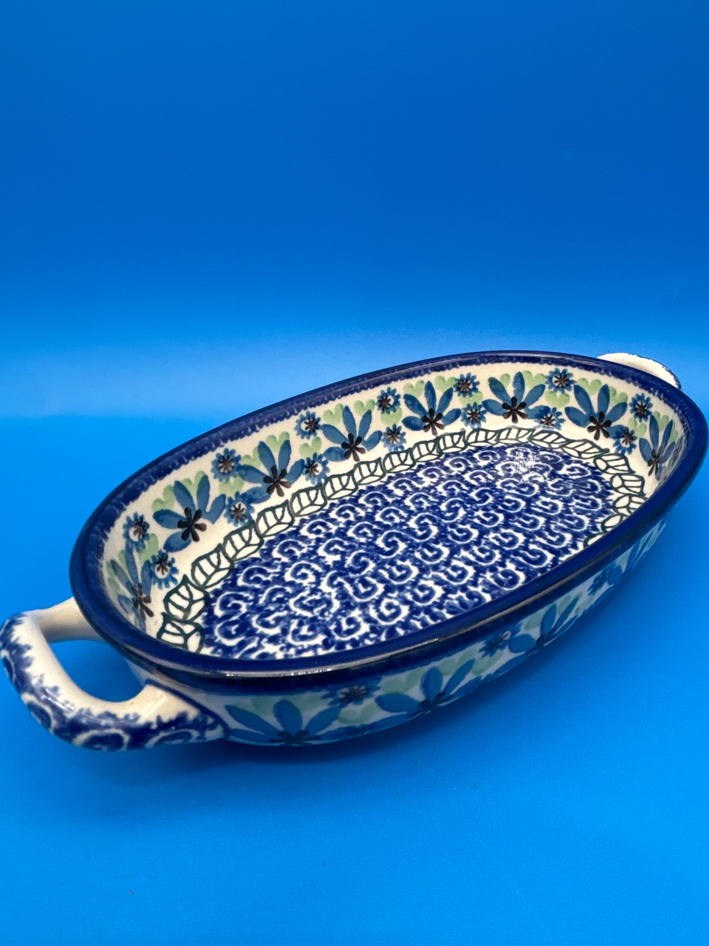 Boleslawiec Polish Pottery Oval Baker Dish Blue Green Floral #192 Poland 9”