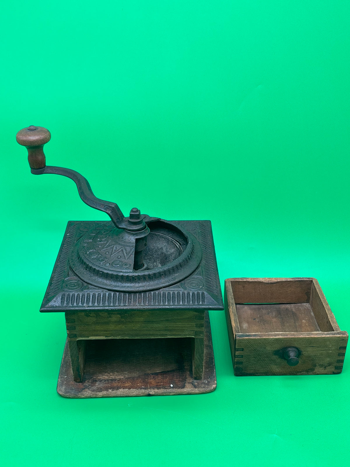 Antique Peugeot Freres Coffee Grinder & Vintage Turned Wood Lidded Container Lot