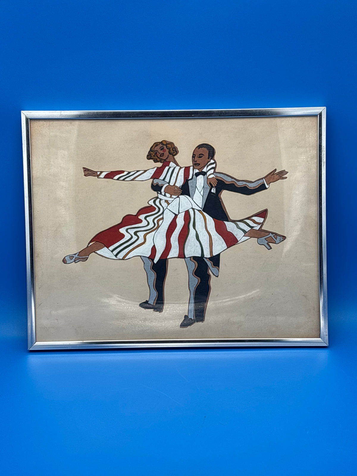 Vintage Mid Century Dancing Couple Art Reverse Painted Glass Art Deco Chrome Frame