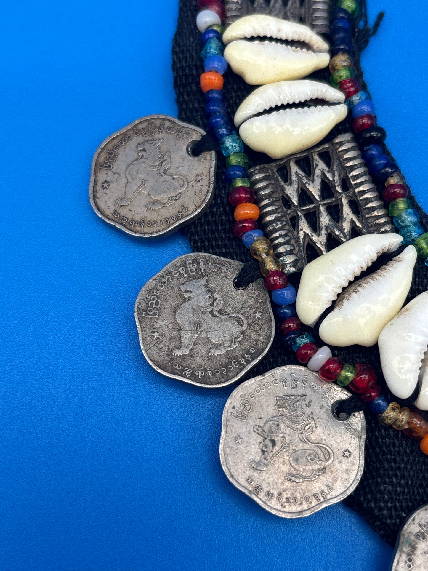 Vintage HUGE Tribal Bib Necklace Cowrie Shells Beads Myanmar Coins Boho Statement