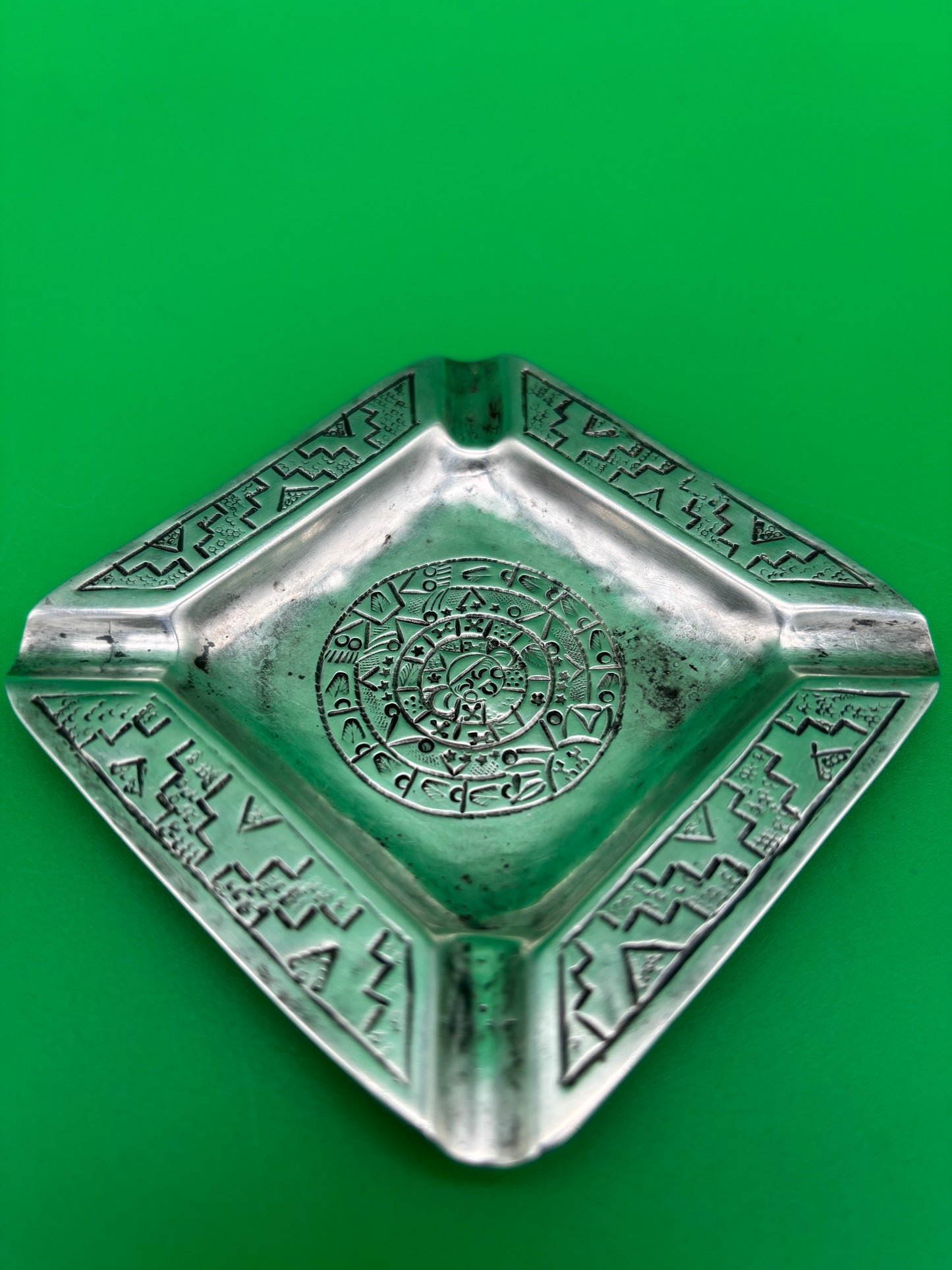 Vintage Mexico 900 Silver Ashtray Aztec Calendar Stamped Design 38g 3.25”