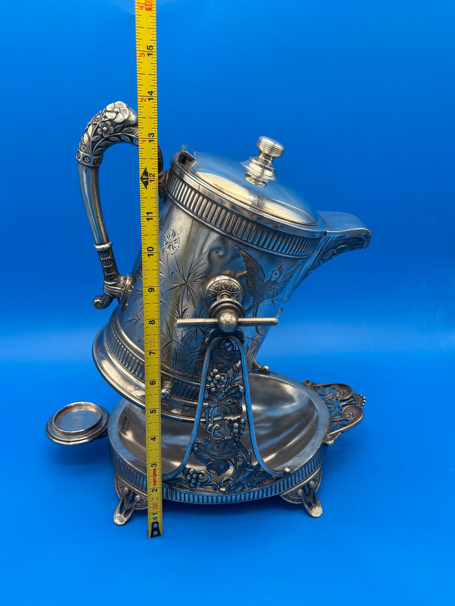 Antique Pairpoint Quadruple Plate Victorian Tilting Ice Water Pitcher & Stand Bird Grape 1826½