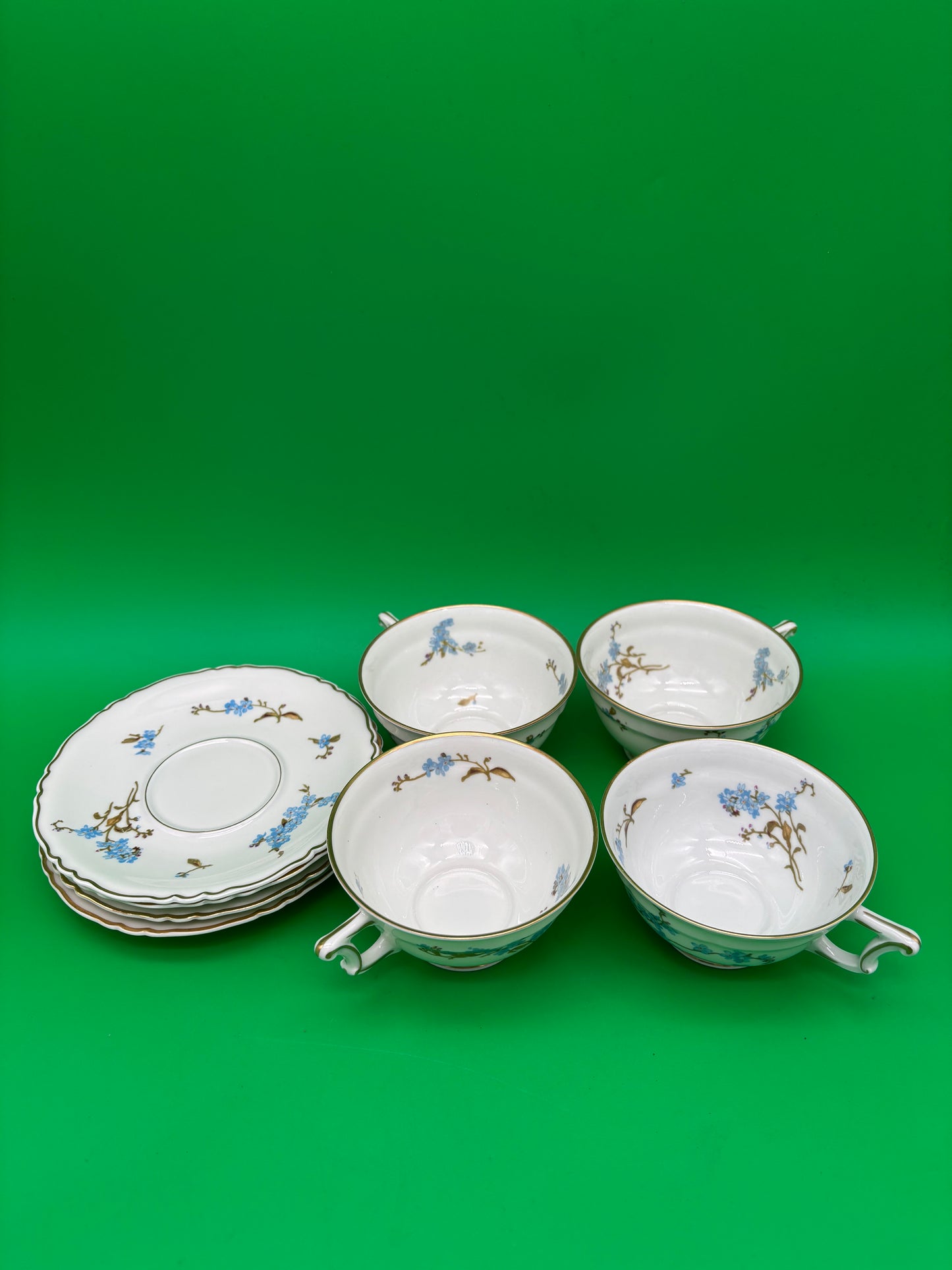 Antique Haviland Limoges France Tea Cup & Saucer Set – Blue Floral, Gold Trim (8-Piece Set)