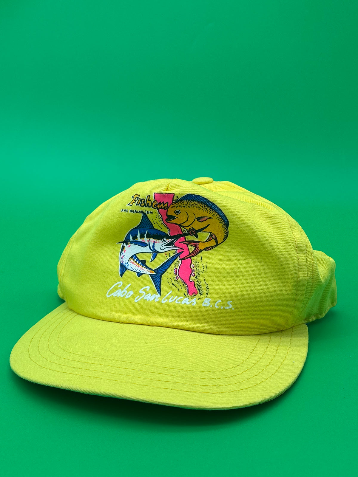 Vintage Cabo San Lucas Fishing Hat Fishem Release Em Marlin Snapback Yellow